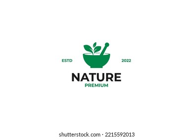 Flat mortar pestle with leaf icon logo design vector template illustration