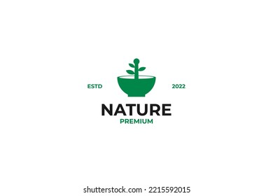 Flat mortar pestle with leaf icon logo design vector template illustration