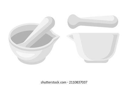 Flat mortar and pestle with round cartoon style isolated on white background. 3D isometric and 2D flat mortar and pastle.