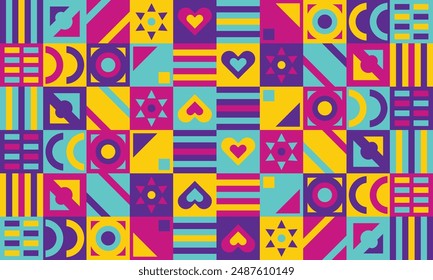 Flat mosaic color bloack pattern design with shapes and design elements. bright symbols and minimalist shape texture, geometry collage.
