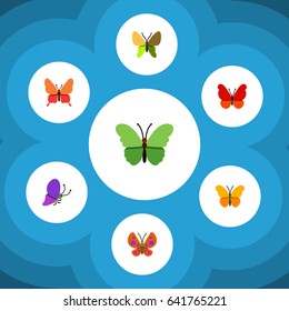 Flat Moth Set Of Summer Insect, Butterfly, Danaus Plexippus And Other Vector Objects. Also Includes Milkweed, Butterfly, Moth Elements.