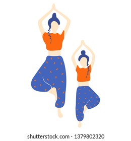Flat mother and daughter do yoga and stand in a tree asana on a white  background. Vector.