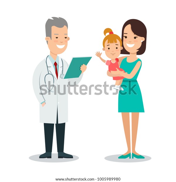 平らな母親と娘 家族の医師のベクター画像イラスト 病院の小児科医と両親 女 男 女 医療のコンセプトを育てる のベクター画像素材 ロイヤリティフリー