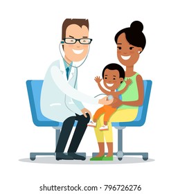 Flat Mother parent with son and family doctor vector characters illustration. Children and parents with pediatrician in hospital clinic. Woman, man, boy. Parenting healthcare concept.