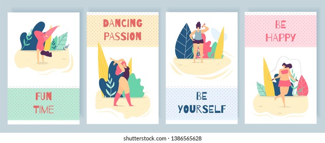 Flat Motivation Woman Vertical Cartoon Promotion Card Mobile Application Banner. Positive Body Lettering Inspirational Wisdom, Fun Time, Dancing Passion, Be Yourself and Happy Floral Design