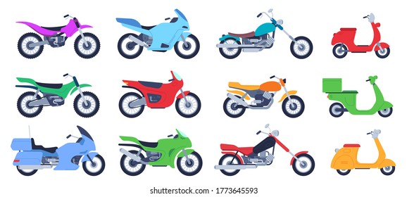 Flat motorbike. Biker motorcycles, city delivery scooters and road bikes. Retro choppers, sport motorcycle and motor side view vector illustration set. Scooter vehicle for transportation