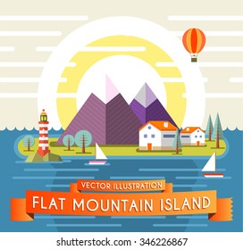 Flat Mountain Island. Vector Illustration.