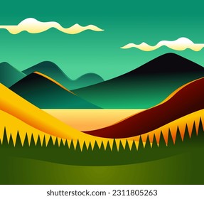 Paisaje montañoso plano. Montañas de color, formas abstractas, fondo moderno, diseño vectorial Ilustración para su proyecto