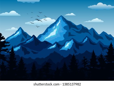 Flat mountain  landscape. Mountains and forest. Tourism and travelling. Vector flat design