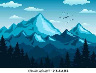 Flat mountain  landscape. Mountains and forest. Tourism and travelling. Vector flat design