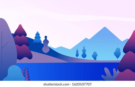 Flat mountain landscape. Nature panorama with mountains peaks, lake and trees in evening. Minimalistic abstract vector background