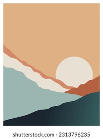 Flat mountain landscape poster. Minimalistic wall art. Abstract wall art. Landscape for wallpapers, posters, prints, and covers.  SSTKabstract
