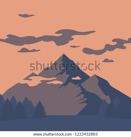 Flat Mountain landscape silhouette vector illustration. Camping travel climbing icon, hiking, trakking and geology trip nature element.