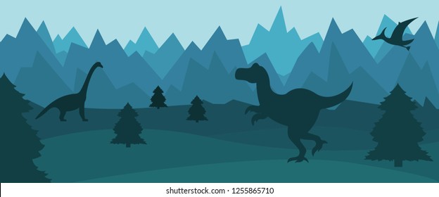 Flat mountain landscape with silhouettes of dinosaurs.