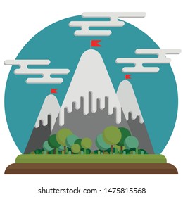 Flat mountain landscape. At the top of the mountains are red flags. Success, goal, achievement. A valley with a pretty green forest. Summer day. The sky with clouds.