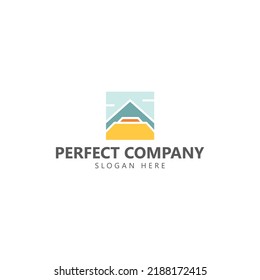Flat mountain scenery within a square vector logo. Suitable for company, business, outdoor activity, community, organization, and event.
