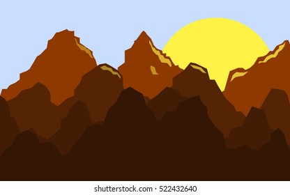 Flat mountain silhouette landscape with rising sun. Vector background.