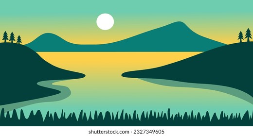 Flat mountain vector illustration. Landscape illustration design template with picture of beautiful mountains and trees.