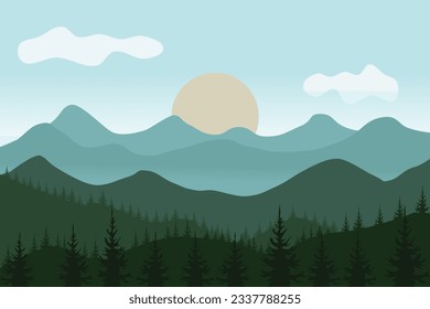 Flat mountain vector illustration. Landscape illustration design template with picture of beautiful mountains and trees.