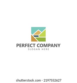 Flat mountainous scenery with a tunnel vector logo within a square. Colorful square logo. Logo for tourism, company, industry, and event.