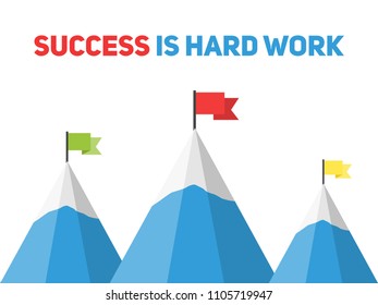 flat mountains with flags symbolising success isoted on white
