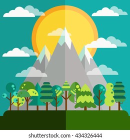 Flat mountains landscape with trees and sun. 