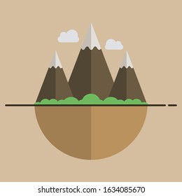 Flat mountains vector illustration icon logo with green leaf trees and a sky