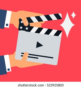 Flat movie clapperboard symbol in hands. Stylish blank movie clapperboard elements. Vector