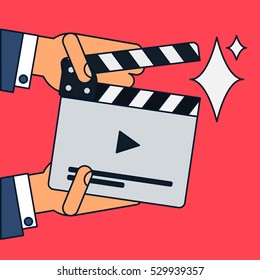 Flat movie clapperboard symbol in hands. Stylish blank movie clapperboard elements. Vector