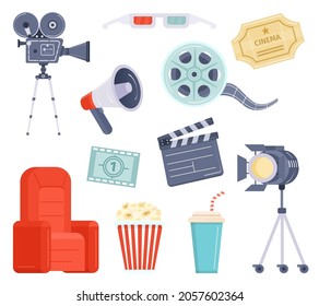 Flat movie watching and production element, cinema ticket, film and popcorn. Cartoon video camera, director megaphone and clapper vector set. Equipment and tools for cinematography industry