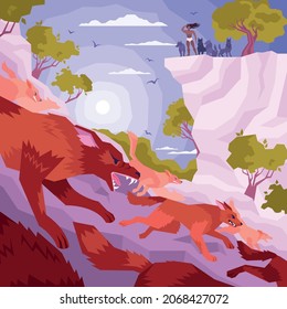 Flat mowgli composition with the hero stands on top of the mountain and looks at the wolves vector illustration