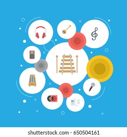 Flat Mp3 Player, Musical Instrument, Earphone And Other Vector Elements. Set Of Music Flat Symbols Also Includes Percussion, Instrument, Box Objects.