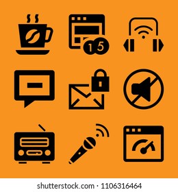 flat, mug, internet, letter, cappuccino and headset icon vector set. Flat vector design with filled icons. Designed for web and software interfaces