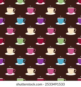 Flat Multi-colored cups with hot coffee on a white saucer, seamless pattern on a brown background.