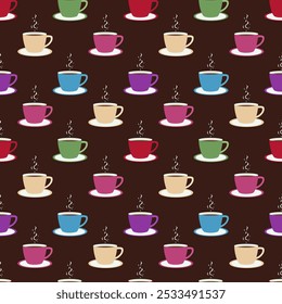 Flat Multi-colored cups with a hot tea on a saucer with steam, seamless pattern on a brown background.