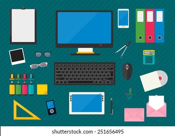 Flat multicolored design. Vector illustration of workplace with computer devices, office objects, stationery and business  documents