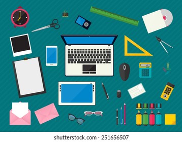 Flat multicolored design. Vector illustration of workplace with computer devices, office objects and business  documents