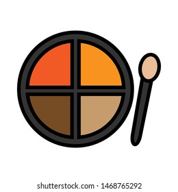 Flat multicolored icon is a simple glamorous cosmetics round powder box with a mirror, eye shadows and eyelids applying make-up beauty guidance. Vector illustration