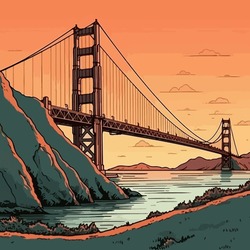 Flat Multicolored Illustration With The Golden Gate Bridge At Sunset Background. For Your Design