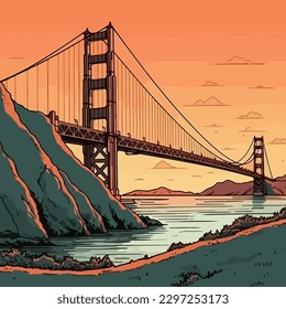 Flat multicolored illustration with the Golden Gate Bridge at sunset background. For your design