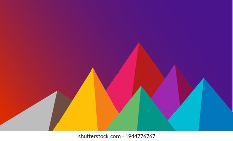 Flat multi-colored mountains at dawn. A gradient sky, each mountain painted in a different tone.