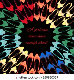 Flat multicolored shoes piled around on black background