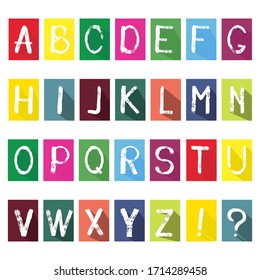 Diseño plano multicolor con letras, iconos alfabéticos con sombra larga, fondo conceptual. Aislado sobre fondo blanco. Estilo plano. Ilustración del vector