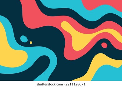 Flat multi-colorful liquid wave splashed spots background. Abstract fluidly waves and dots backdrop illustration