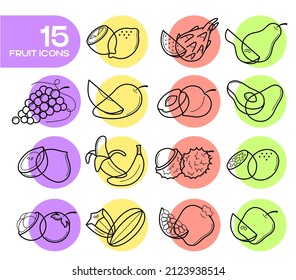 Flat multicoloured minimalist fruit icons for healthy lifestyle