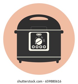 Flat Multicooker Machine Icon, Crockpot, Vector Kitchen Appliance, Monochrome Cooking Equipment With Display And Buttons