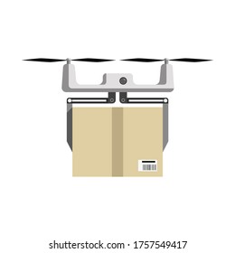 Flat multicopter with cargo, concept of fast shipping, innovative service and remote control toy. Vector illustration isolated on white background.