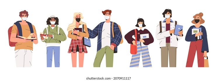 Flat multiethnic students in medical face mask. Group of young multicultural ethnic people characters in modern clothes wearing masks to prevent coronavirus. Stop pandemic and healthcare concept.