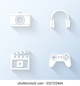 Flat multimedia icons with long shadows. Vector illustration
