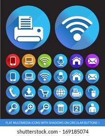 Flat Multimedia Icons with Shadows on Circular Buttons 1.